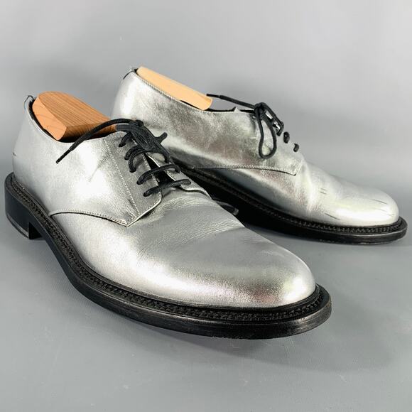 SAINT LAURENT Size 10 Silver Metallic Leather Derby Lace-Up Shoes - Picture 1 of 11